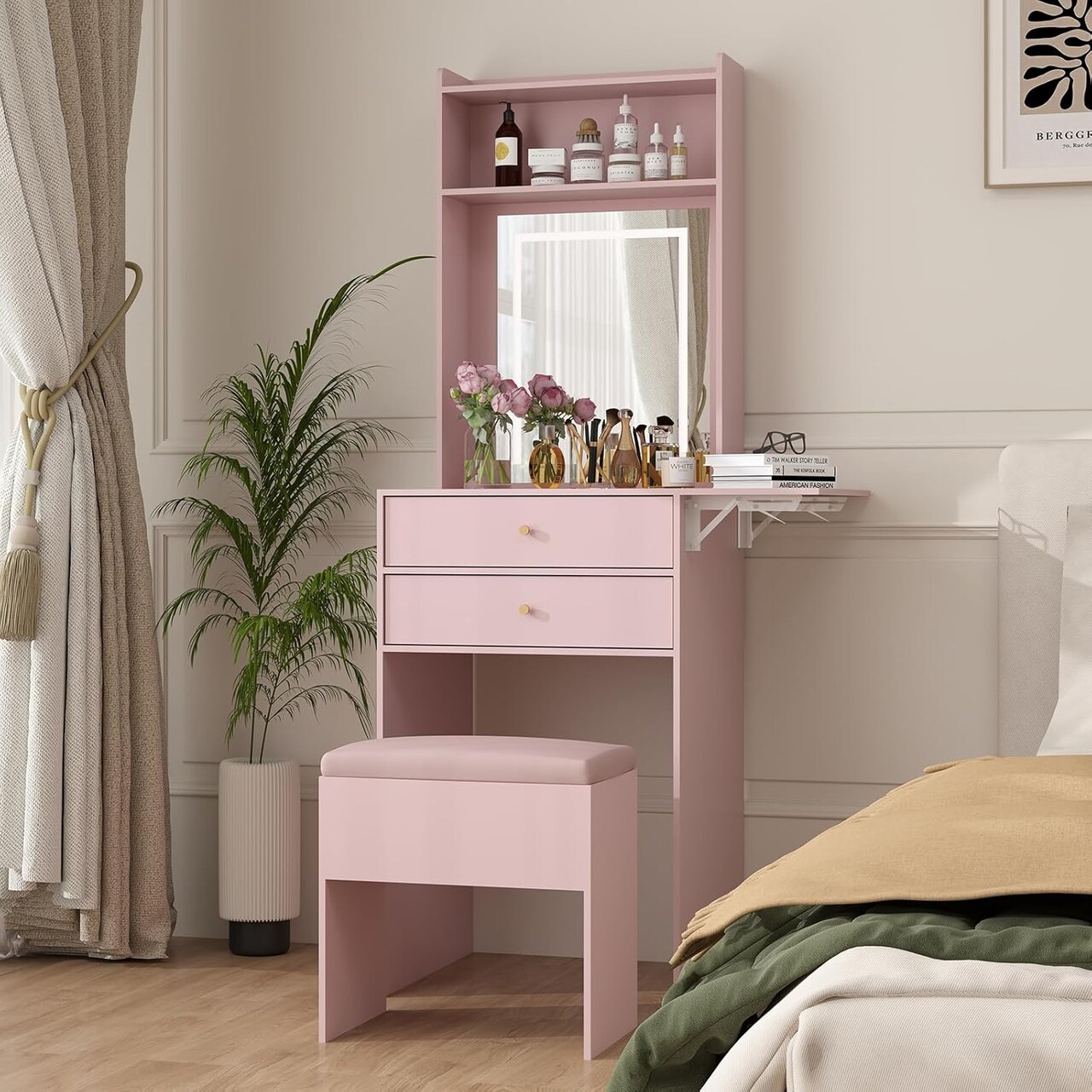 Small Vanity Desk Set with 3 Adjustable Lighted Mirrors and Lights, Pink Makeup Vanities Set for Compact Space with Storage Stool White Dressing Table with Fold-up Panel for Bedroom